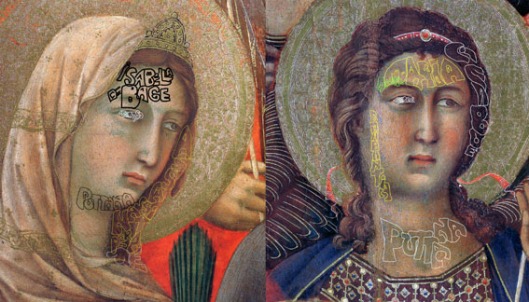 Duccio: Two details from ‘Maesta’ Siena (1308): ‘puttana’ means ‘whore’; and ‘assassinata per me’ means ‘murdered by me’.