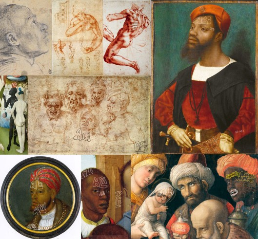 The many faces of Ali: Clockwise from top left: Veronese ‘Head of a Black Man’ (1558) Michelangelo ‘Study for Tomb of Julius II’ (1505) Michelangelo ‘Study for an Ignudo’ (1508) Mostaert ‘An African Man’ (1515) Mantegna ‘The Three Kings’ (1497-1506) Workshop of Gerard David (1514) Flemish-German portrait (1519) Hieronymus Bosch ‘Garden of Earthly Delights’ (1509); and in the centre Michelangelo ‘Grotesque Heads’ (1505) 