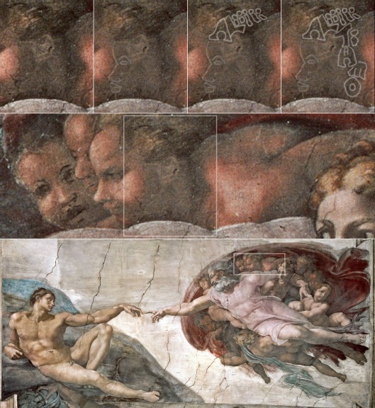 Michelangelo: ‘The Creation of Adam’ (1510): the profile of Michelangelo’s son Ali, hidden in the shadows.