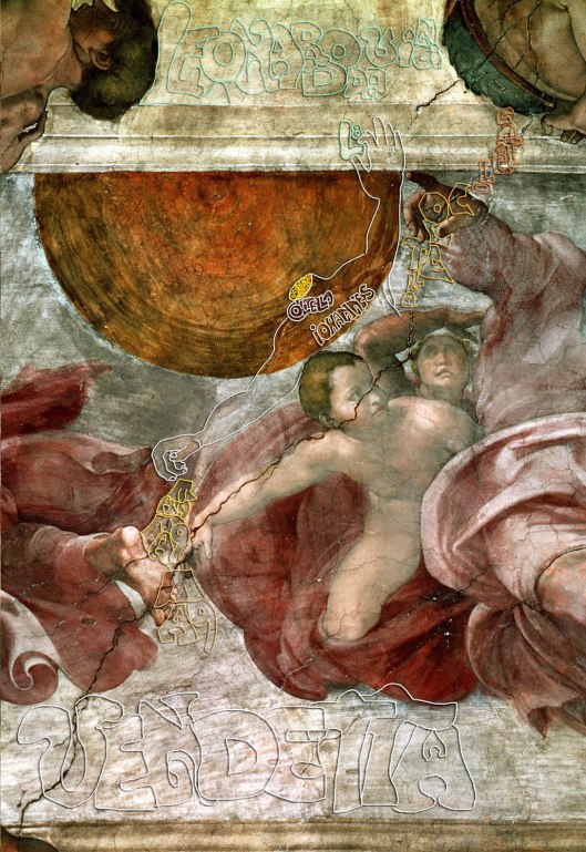 Michelangelo  ‘Creation of the Sun and Moon’  (1511) The headless Iohannes reaches up to grasp the person who instigated the affair between him and Felice, Leonardo da Vinci, and scatters Michelangelo’s monogram (MA9) to perform the act of justice feudal law demanded: vendetta.