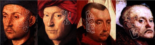 Portraits of Jan van Eyck: The Goldsmith (Jan, 1430); Man in a Turban (Jan, 1433); Lamentation (van der Weyden, 1441); San Cassiano Altarpiece (Antonello da Messina, 1475). All are marked with his Italian pseudonym ‘Masolino’. Jan actually died in 1471.