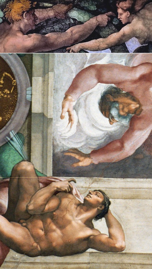 Top: Michelangelo  ‘The Expulsion from Eden’ Adam rejecting the Serpent (1510); and bottom: Michelangelo ‘Separation of Light from Dark’: the Ignudo (Iohannes) rejecting Julius (1511).